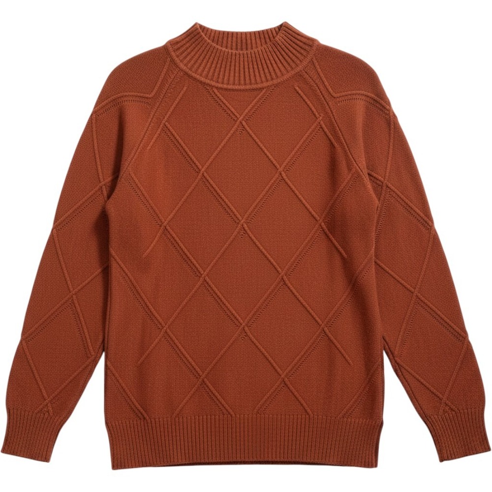 Victoria Mock Neck Sweater Women Rust Diamond Pointelle Knit Fall Cozy S/M